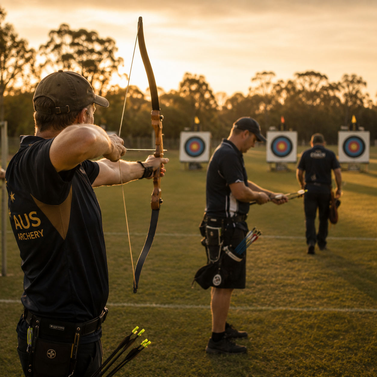 Adult archers at an outdoor archery target range during golden hour